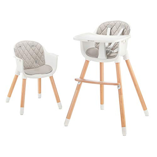 Kinderkraft 2-in-1 Hoge Kinderstoel SIENNA, Hoge Babystoel Meegroeistoel Combistoel Houten Poten 5 Puntsveiligheidsgordel Voetensteun Afneembaar Eetblad Antislip Beenvoetjes Roze