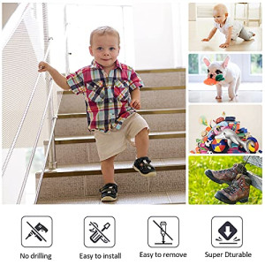 Raxfekro Trappenveiligheidsnet voor kinderen, veiligheidsnet voor balkon met nylon koord, trekkoord en bodemgesp, veiligheidsnet, trapleuning, 300 x 90 cm