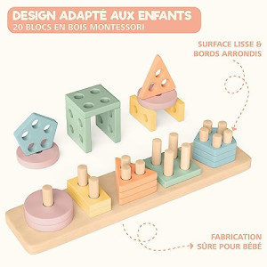 DAGORD Jouet à Empiler Et Trier En Bois – Bébé 1 An – Montessori éducatif – Formes étoile Nuage Lune Soleil – Cadeau Filles Garçons 1-3 Ans