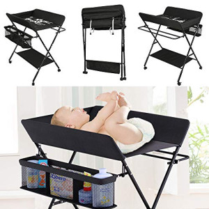 Table à Langer Pliante Rose Avec Panier Rangement - Porte Bébé Jusqu'à 25 Kg, Pliable, Hauteur Réglable 92-98 Cm