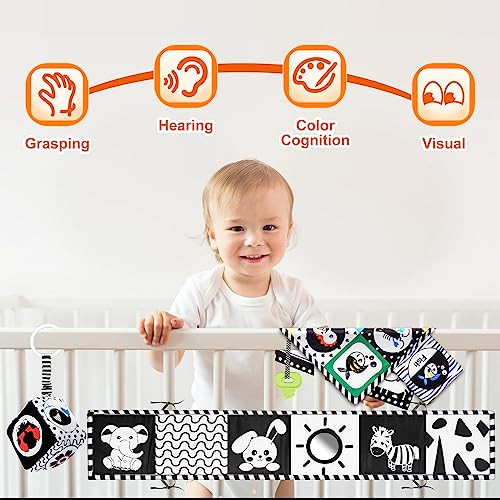 Livre En Tissu Bébé Noir Et Blanc 0-12 Mois - Jouet D'éveil Sensoriel Montessori - Cadeau Naissance, Baby Shower - Lavable, Avec Lanières