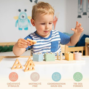DAGORD Jouet à Empiler Et Trier En Bois – Bébé 1 An – Montessori éducatif – Formes étoile Nuage Lune Soleil – Cadeau Filles Garçons 1-3 Ans