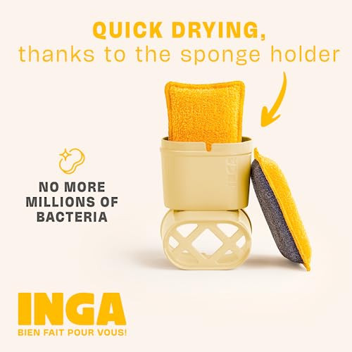 INGA - 2 X Eponges Réutilisables Lavables avec 2 X Porte Éponge Séchage Express - Très Efficaces, Ne Rayent Pas - Fabriqué en Europe - Passez à l'Éponge Lavable qui Dure 2 Ans | P'tit Colis